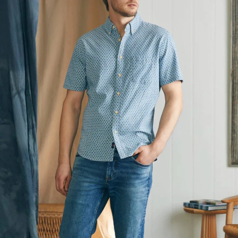 Faherty Short-Sleeve Stretch Playa Shirt in Fish Scale Redux Size Small NWT